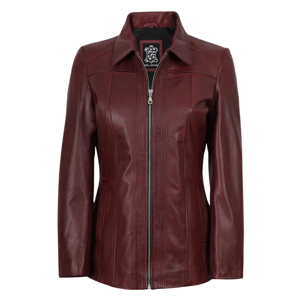 Women's Maroon Sheepskin Leather Car Coat