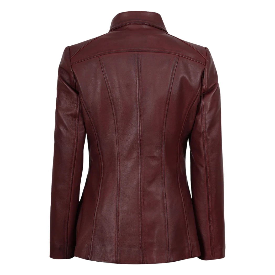 Women's Maroon Sheepskin Leather Car Coat