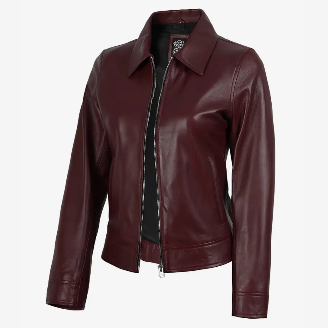 Women's Maroon Waxed Shirt Collar Harrington Leather Jacket