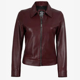 Women's Maroon Waxed Shirt Collar Harrington Leather Jacket