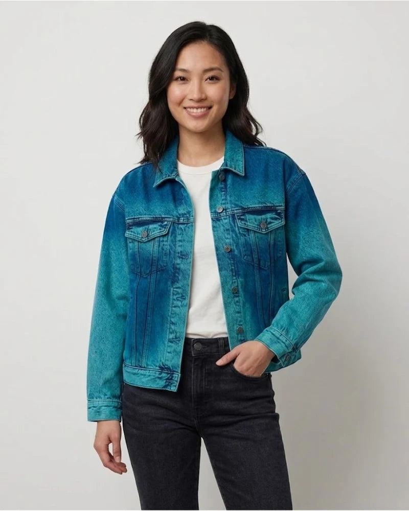Women's Multicolor Tie-Dye Cropped Denim Trucker Jacket