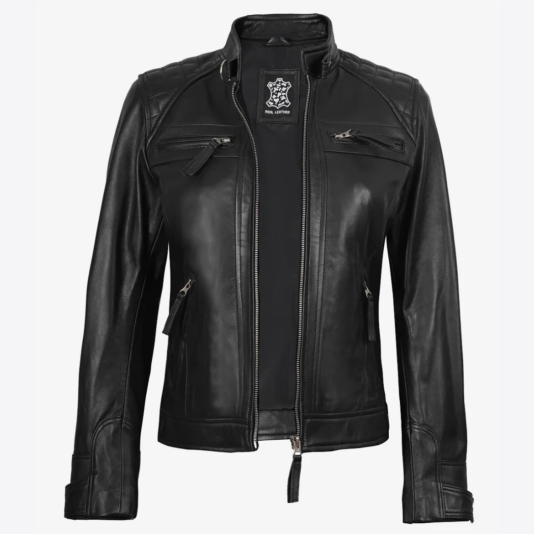 Women's Petite Black Quilted Biker Style Leather Jacket