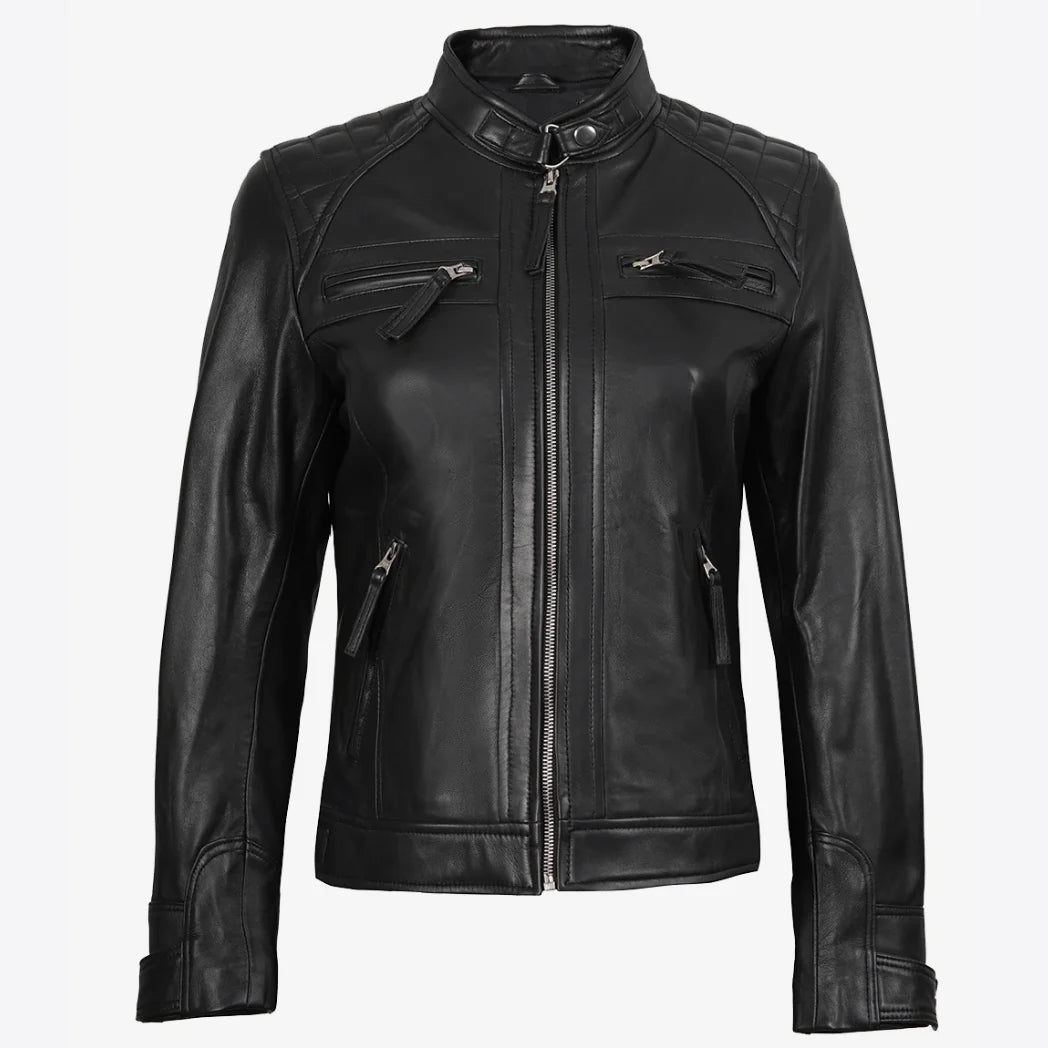 Women's Petite Black Quilted Biker Style Leather Jacket