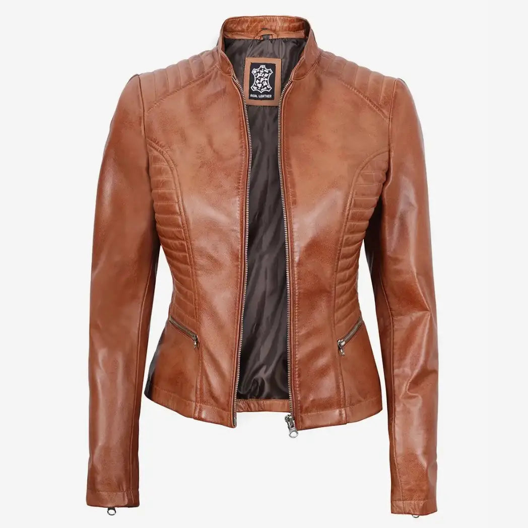 Women's Petite Tan Biker Style Leather Jacket
