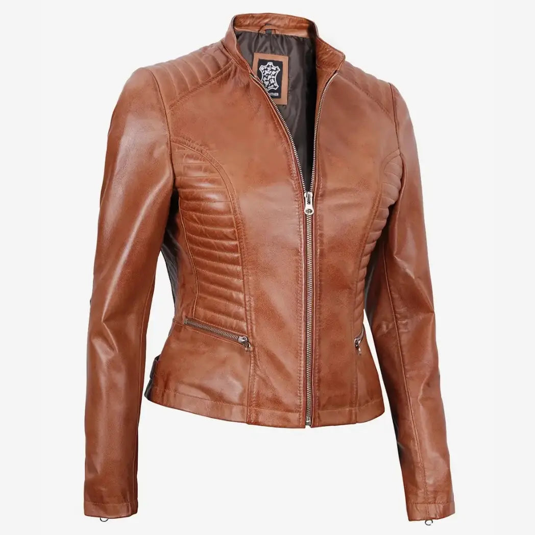 Women's Petite Tan Biker Style Leather Jacket