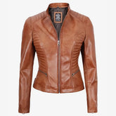 Women's Petite Tan Biker Style Leather Jacket