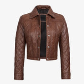 Women's Quilted Cropped Cognac Real Leather Jacket
