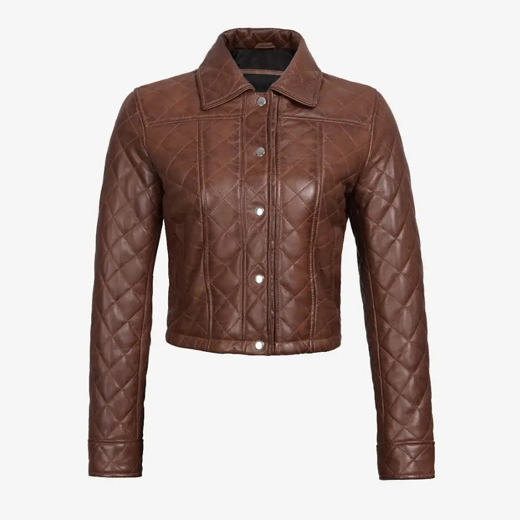 Women's Quilted Cropped Cognac Real Leather Jacket