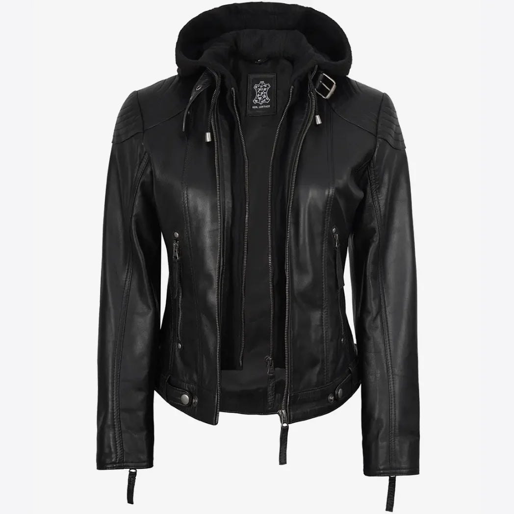 Women's Real Black Lambskin Leather Jacket With Hood