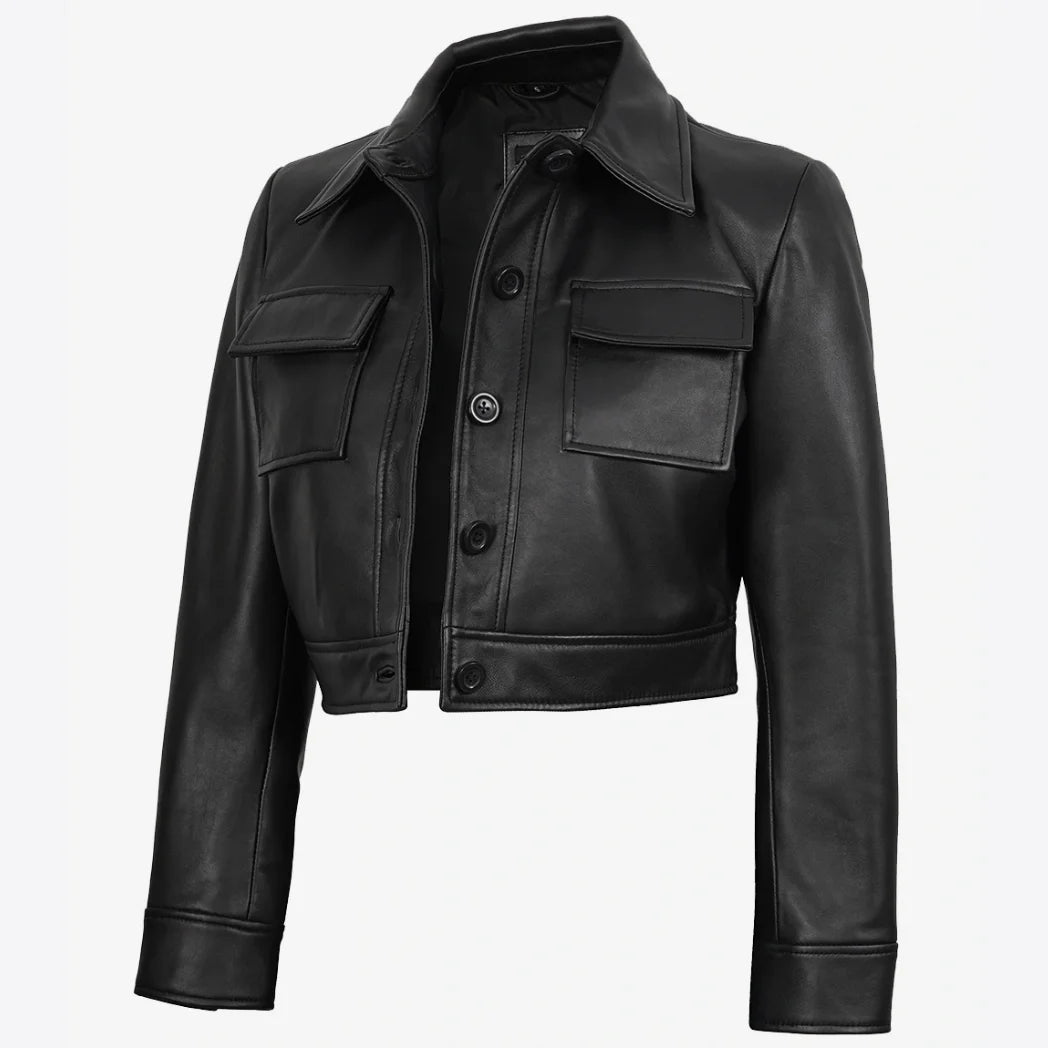 Women's Real Lambskin Leather Black Cropped Trucker Jacket
