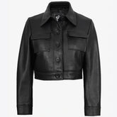 Women's Real Lambskin Leather Black Cropped Trucker Jacket