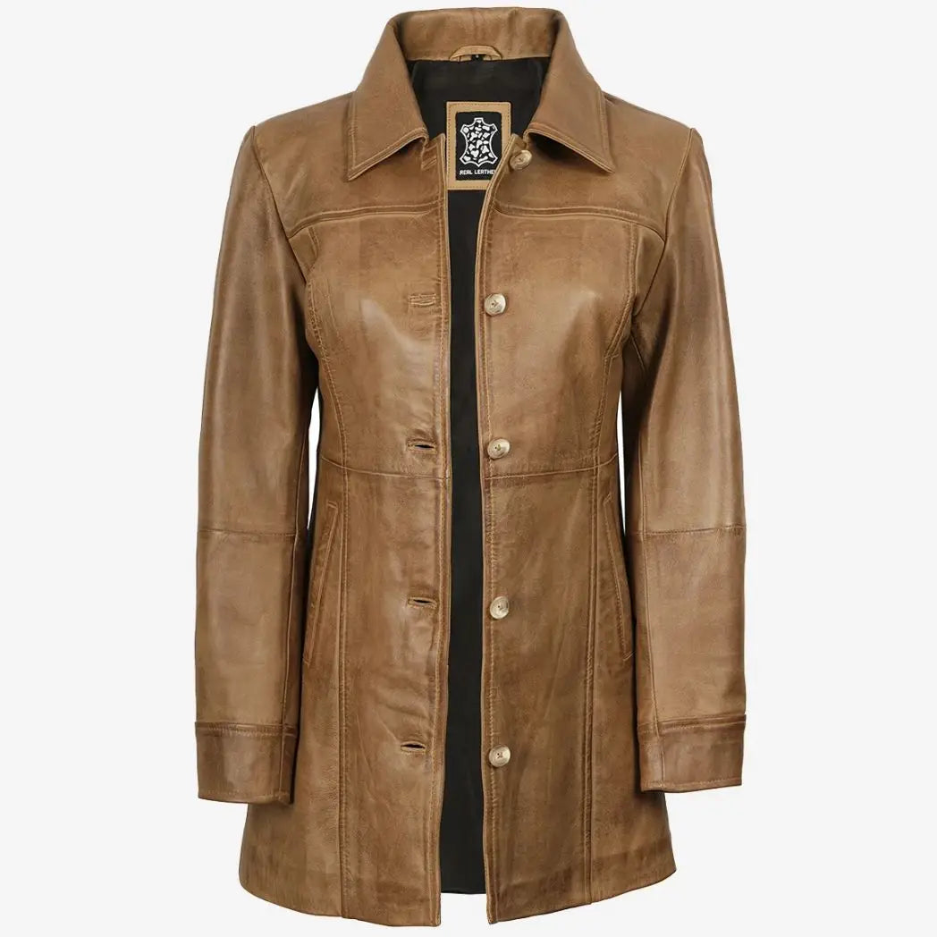 Women's Real Lambskin Leather Camel Brown Coat