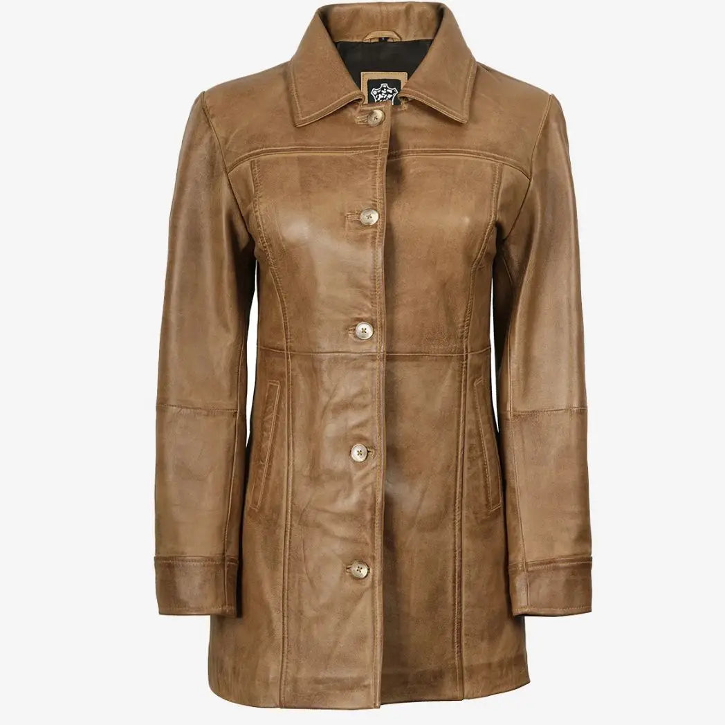 Women's Real Lambskin Leather Camel Brown Coat
