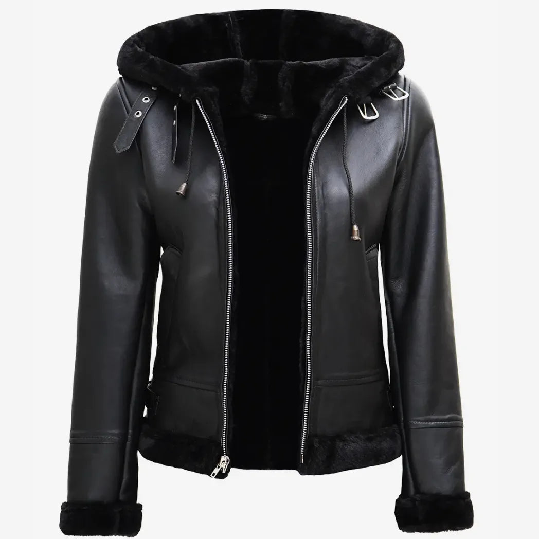 Women's Real Lambskin Leather Hooded Black Shearling Jacket