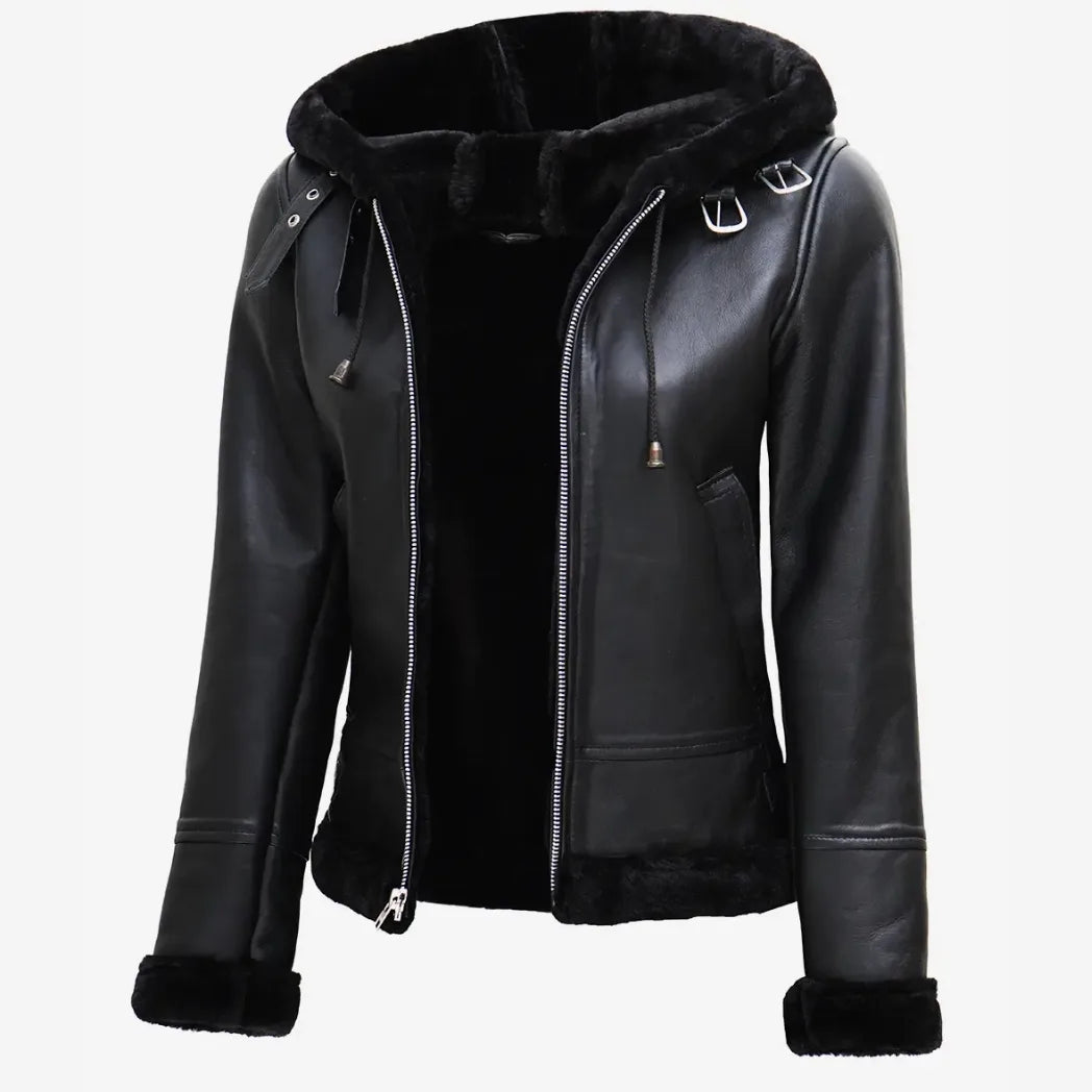 Women's Real Lambskin Leather Hooded Black Shearling Jacket