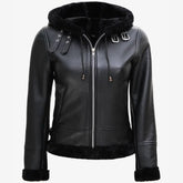 Women's Real Lambskin Leather Hooded Black Shearling Jacket