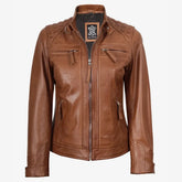 Women's Real Lambskin Leather Tan Quilted Biker Style Jacket