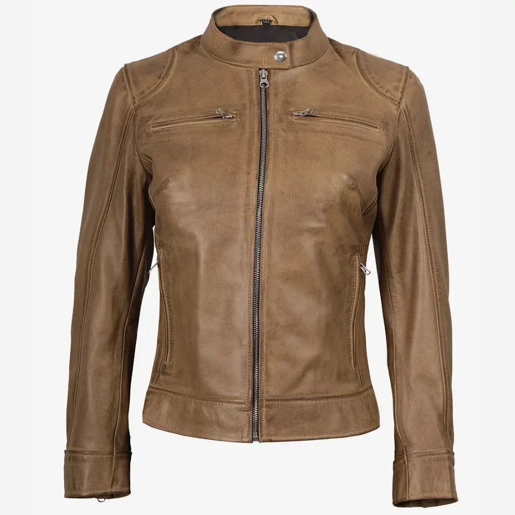Women's Real Leather Camel Biker Style Jacket
