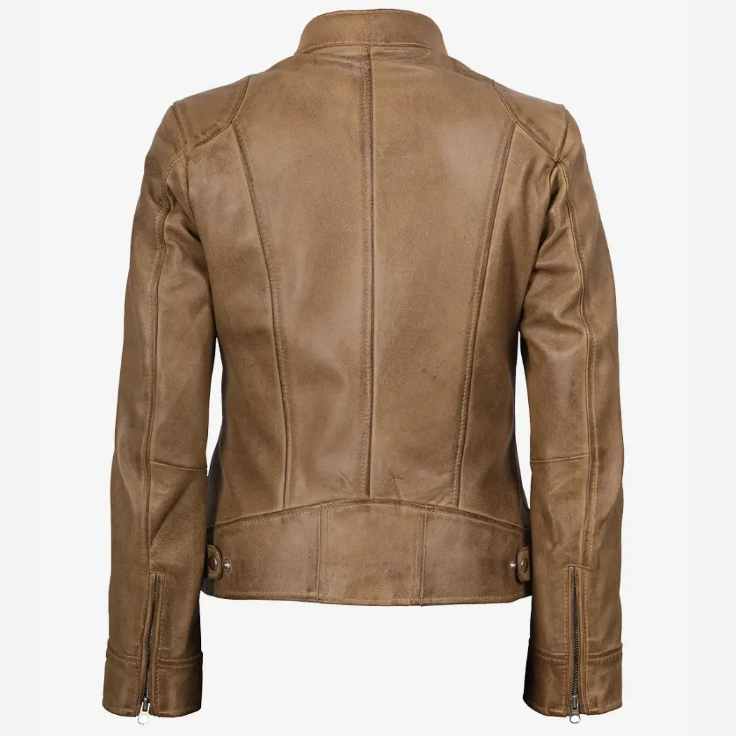 Women's Real Leather Camel Biker Style Jacket