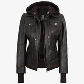 Women's Distressed Brown Leather Bomber Jacket with Removable Hood