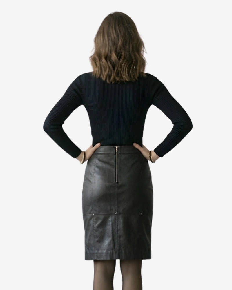 Women’s Real Leather Midi Skirt with Back Zipper Detail