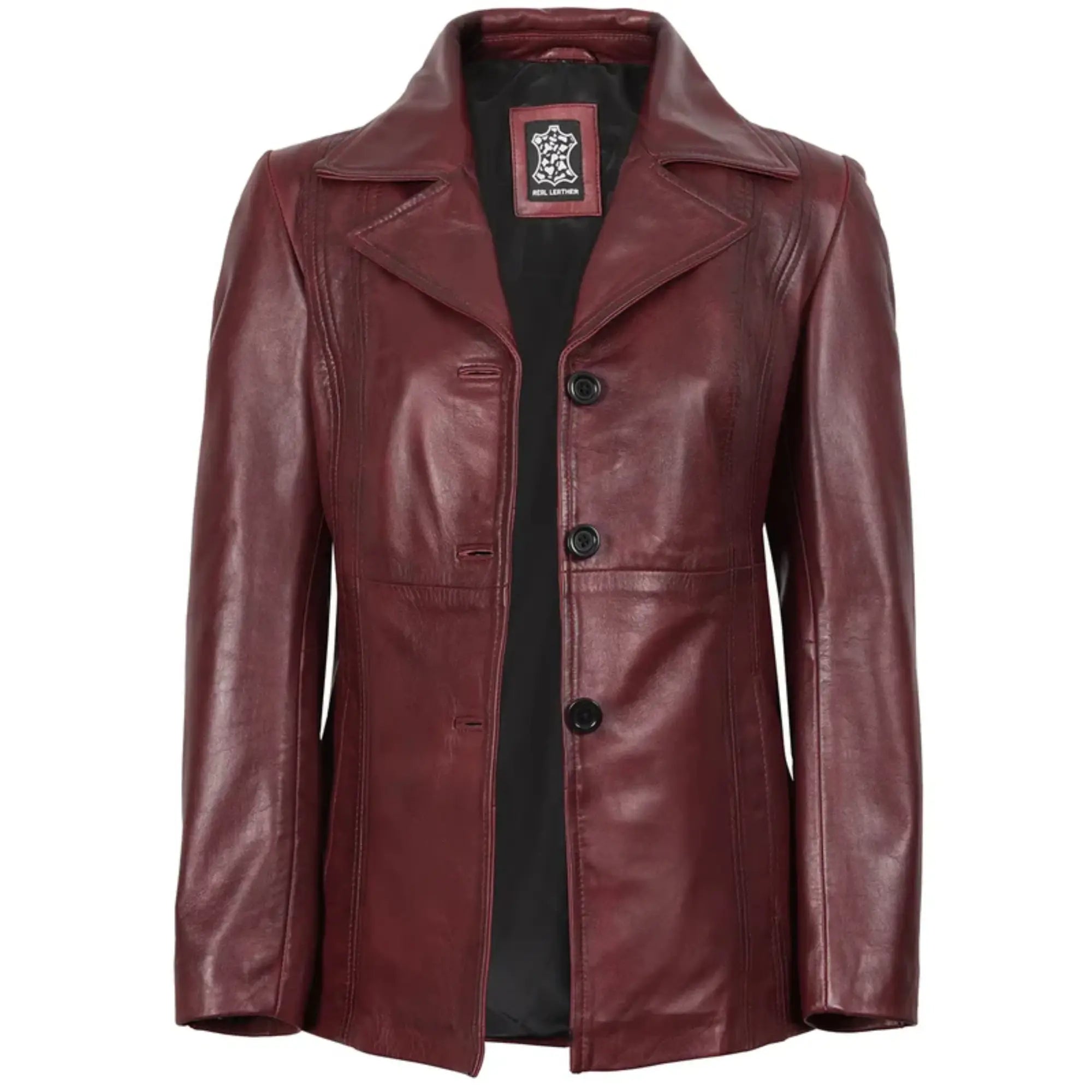 Women’s Real Leather Three Buttoned Maroon Blazer
