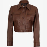 Women's Real leather Cognac Cropped Trucker Jacket