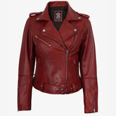 Women's Red Belted Biker Style Lambskin Leather Jacket
