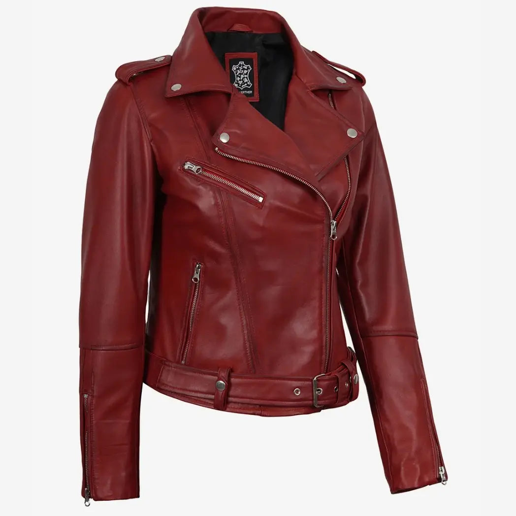 Women's Red Belted Biker Style Lambskin Leather Jacket