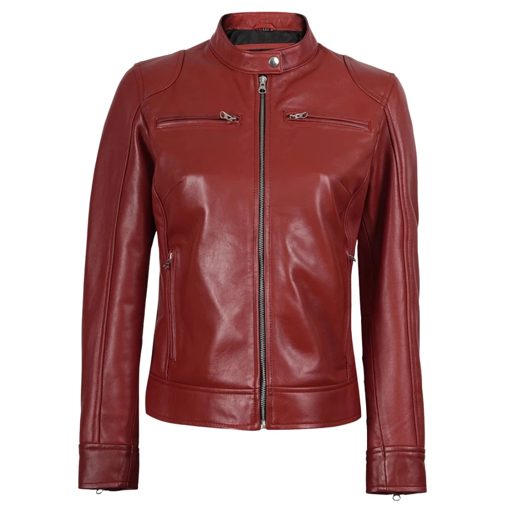 Women's Red Biker Style Sheepskin Leather Jacket