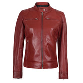 Women's Red Biker Style Sheepskin Leather Jacket