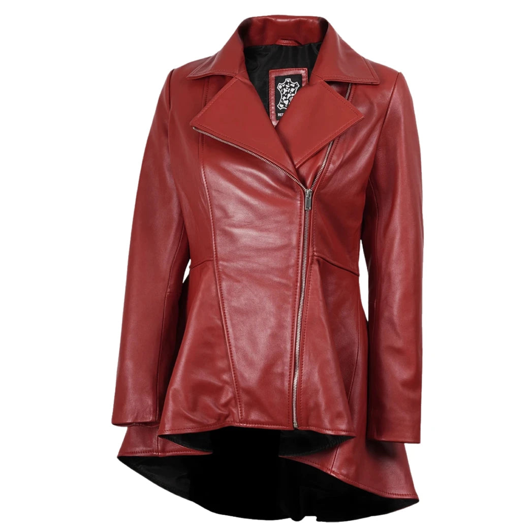 Women's Red Leather Peplum Jacket with Asymmetrical Zip Closure