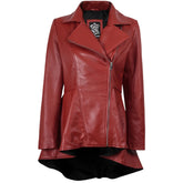 Women's Red Leather Peplum Jacket with Asymmetrical Zip Closure