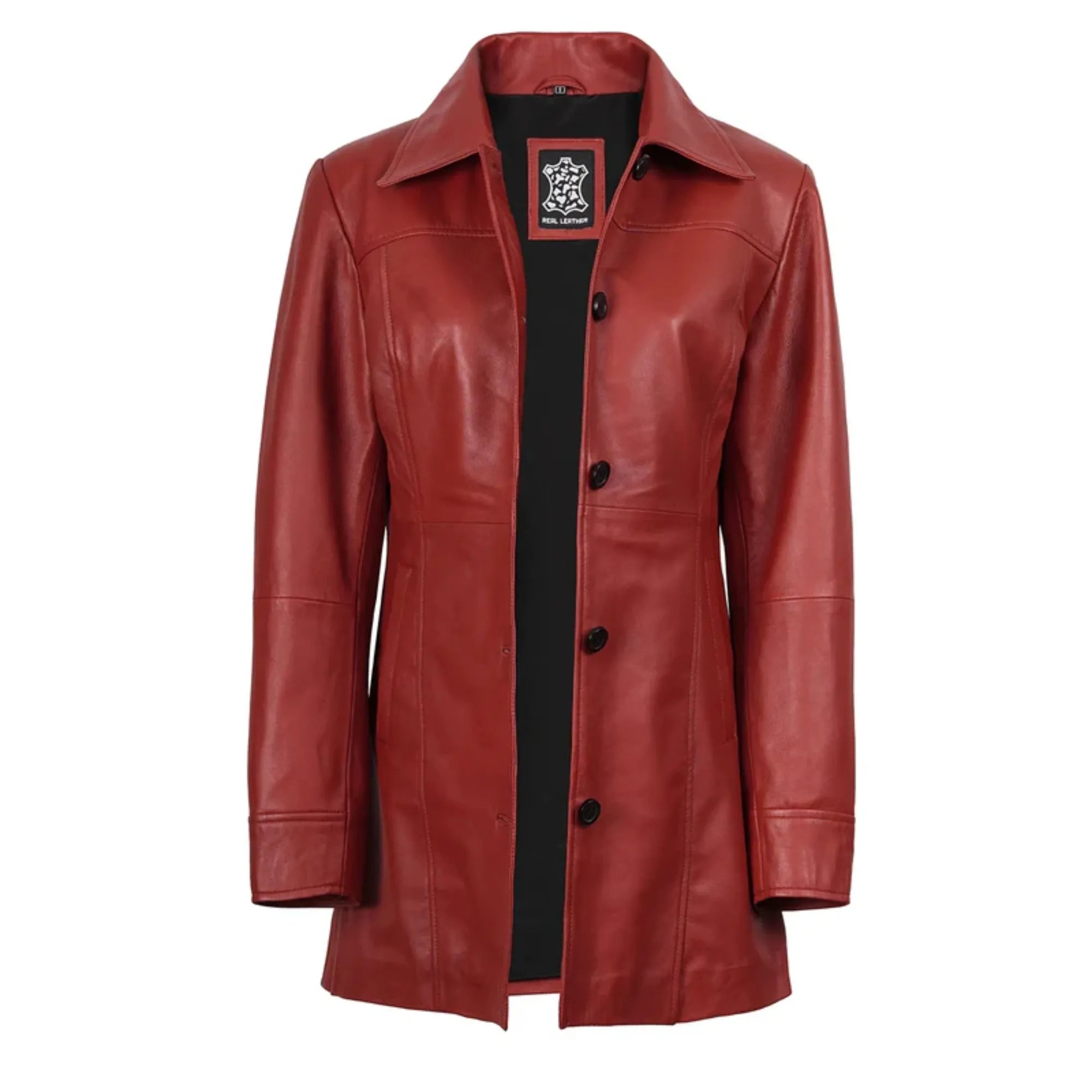 Women's Red Real Leather Car Coat