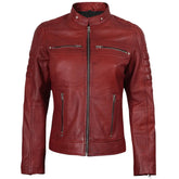Women's Red Waxed Biker Style Sheepskin Leather Jacket