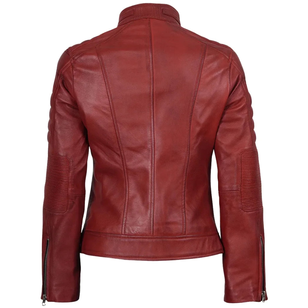 Women's Red Waxed Biker Style Sheepskin Leather Jacket