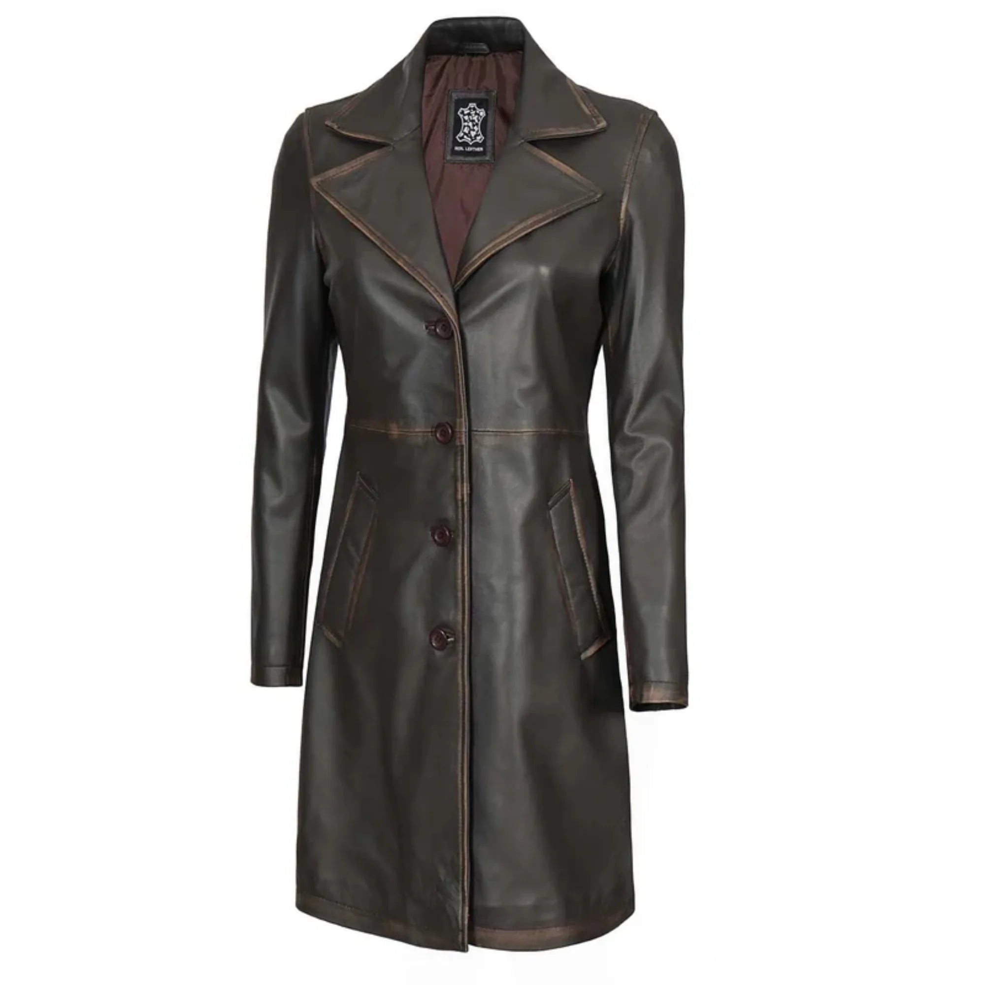 Women's Rub Off Dark Brown Leather Long 3/4 Coat