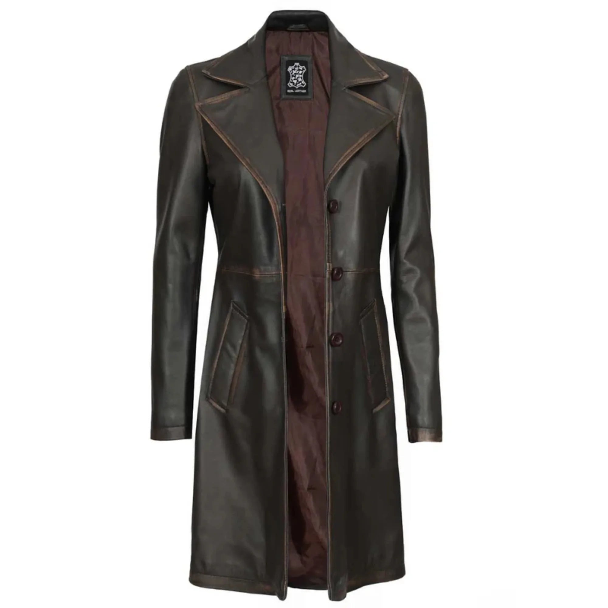 Women's Rub Off Dark Brown Leather Long 3/4 Coat