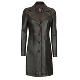 Women's Rub Off Dark Brown Leather Long 3/4 Coat