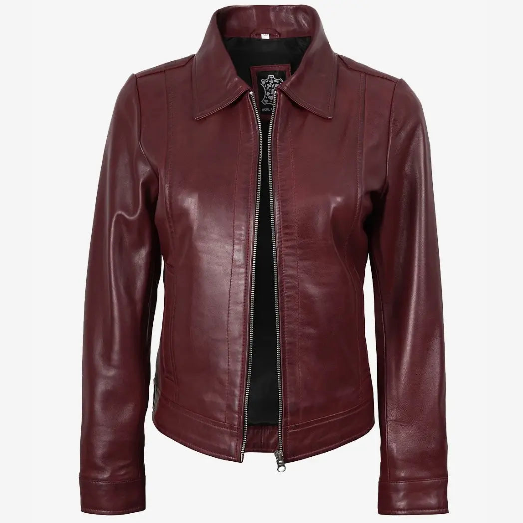 Women's Shirt Collar Burgundy Real Lambskin Leather Jacket