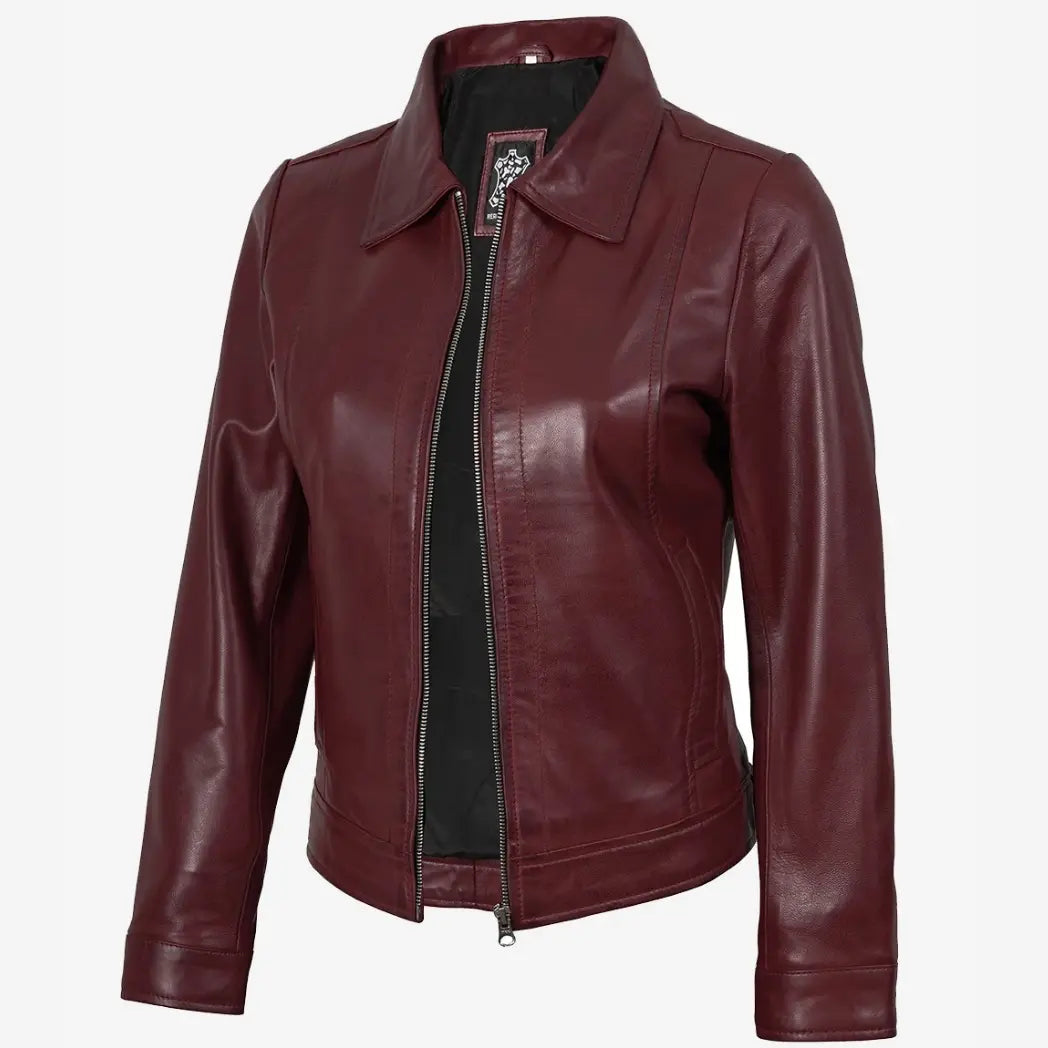 Women's Shirt Collar Burgundy Real Lambskin Leather Jacket
