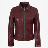 Women's Shirt Collar Burgundy Real Lambskin Leather Jacket