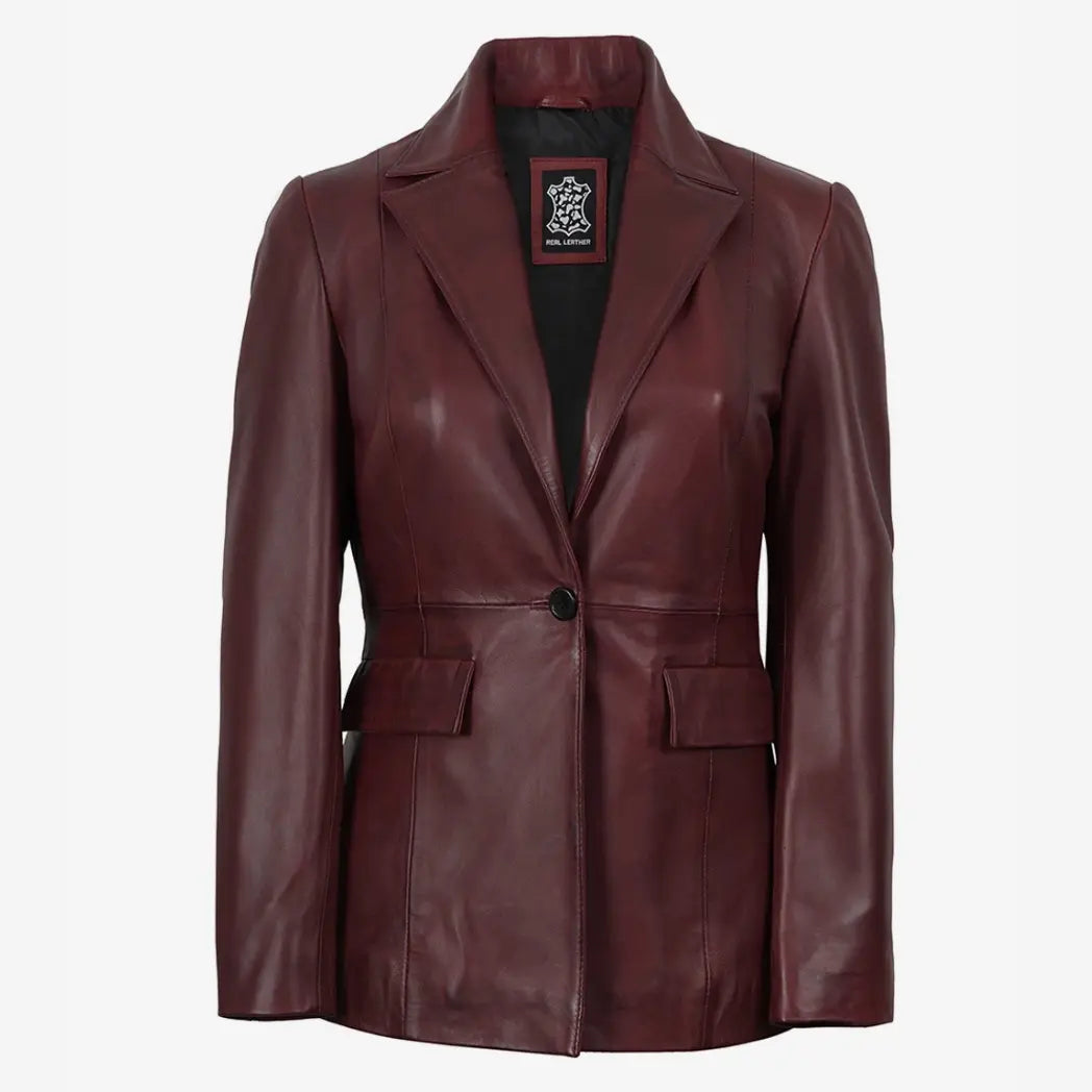Women’s Single-Button Burgundy Waxed Lambskin Leather Blazer