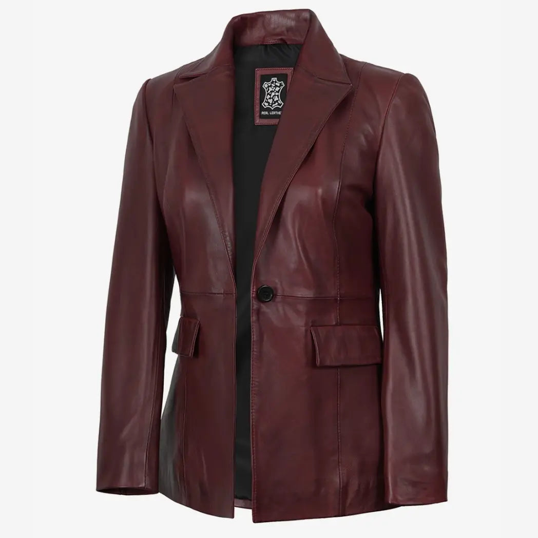 Women’s Single-Button Burgundy Waxed Lambskin Leather Blazer
