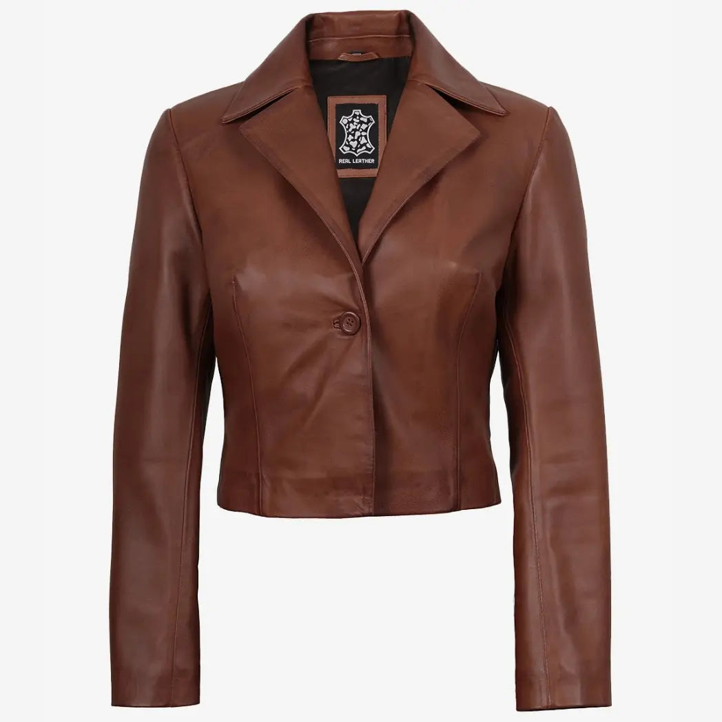 Women's Single Button Cognac Cropped Leather Jacket