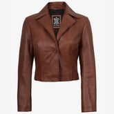 Women's Single Button Cognac Cropped Leather Jacket