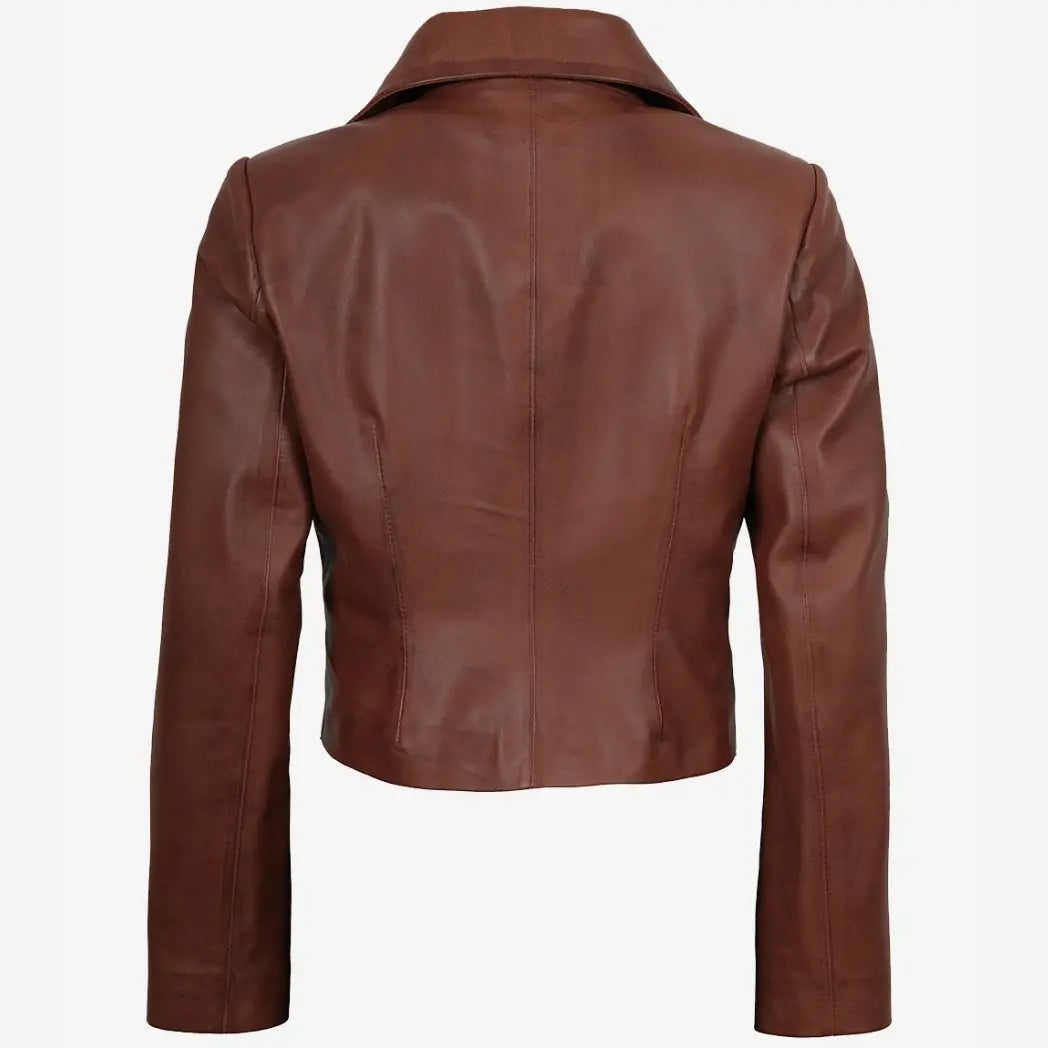 Women's Single Button Cognac Cropped Leather Jacket