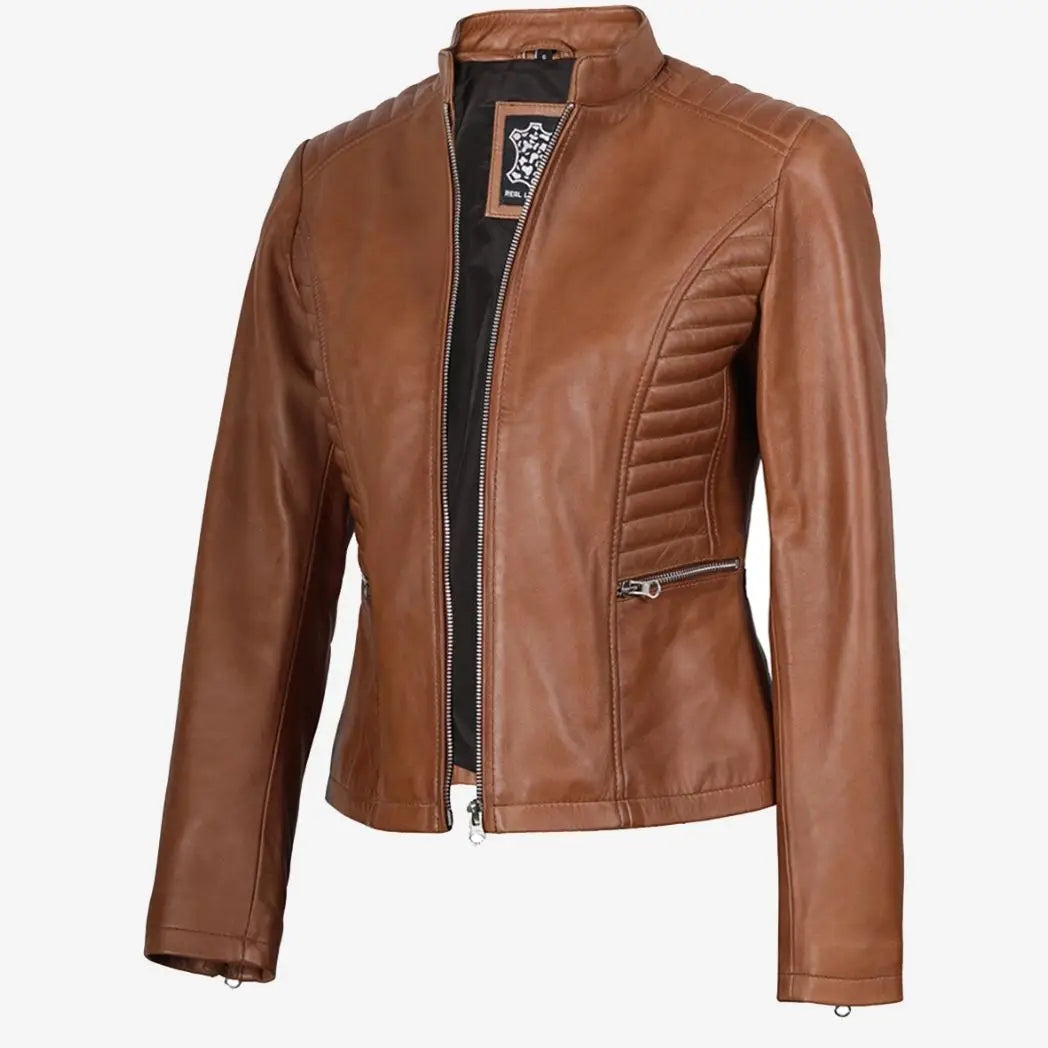 Women's Slim Fit Tan Real Lambskin Leather Jacket