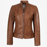 Women's Tan Waxed Slim Fit Biker Style Leather Jacket