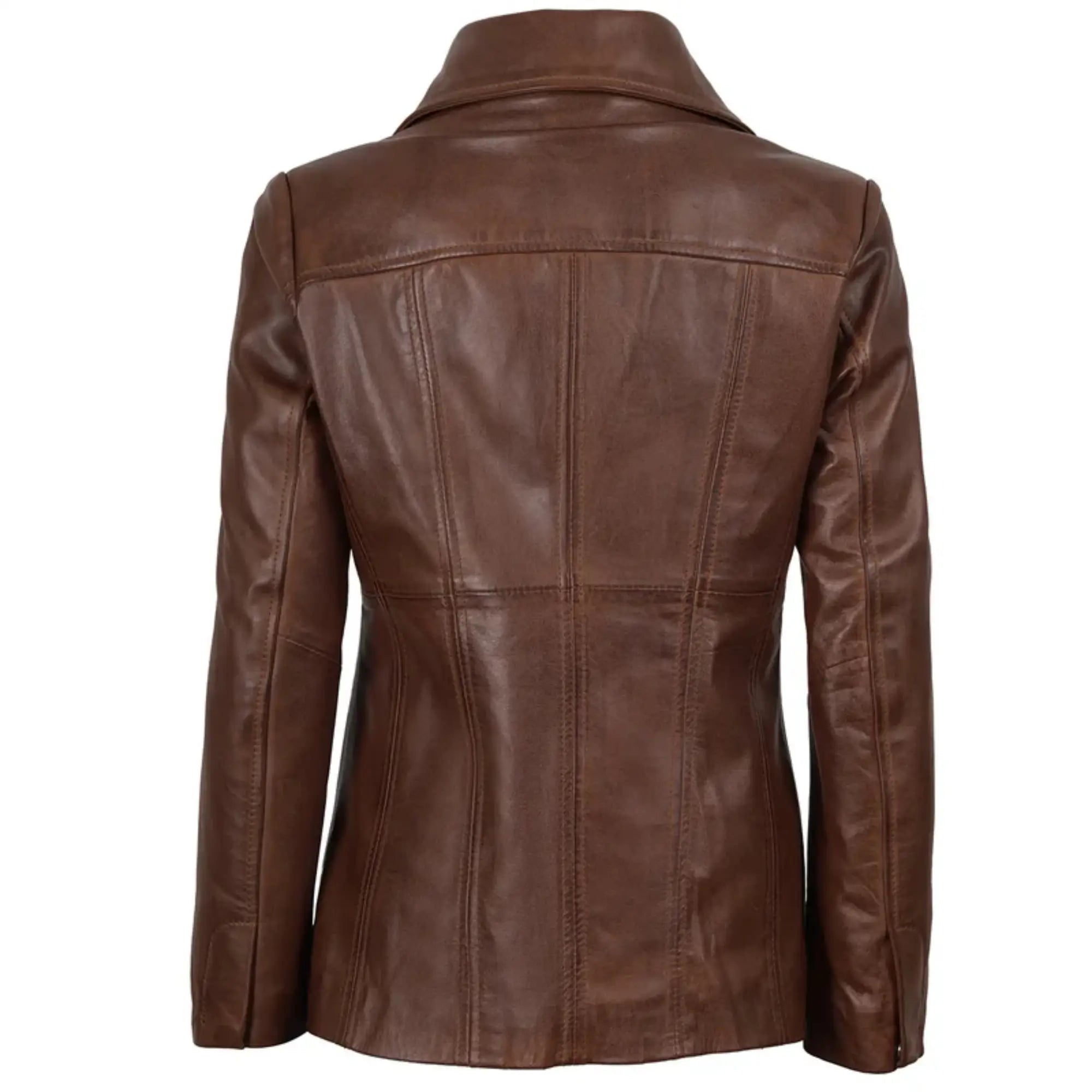 Women's Three Button Cognac Brown Leather Blazer